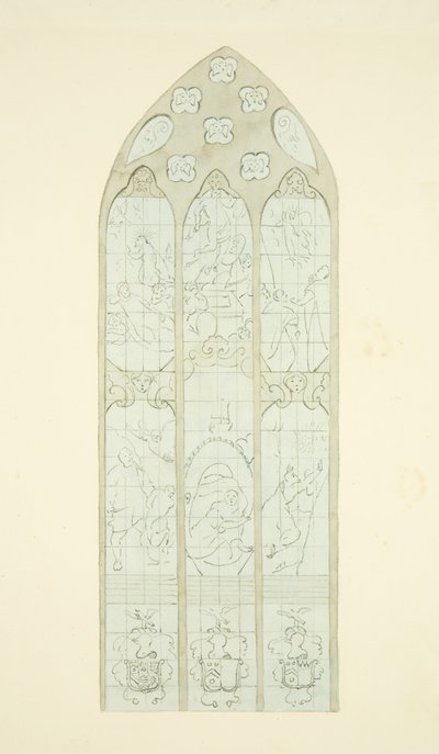 Glassmaleri i østenden av nordgangen til Bristol Cathedral (blyant og akvarell på papir) av Joseph Manning