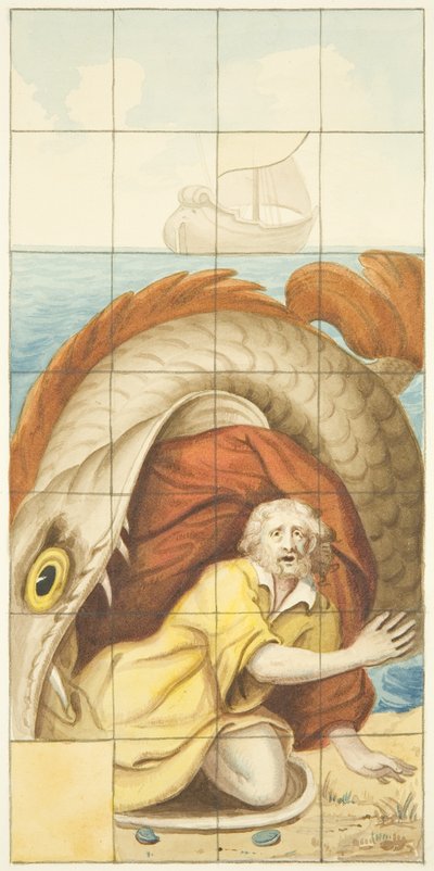 Glassmaleri i østenden av nordgangen til Bristol Cathedral som viser Jonah and the Whale (akvarell på papir) av Joseph Manning