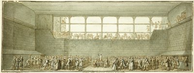 The Tennis Court Oath, ca. 1789 (svart kritt, penn og brunt blekk med grå vask) av Joseph Marie Flouest
