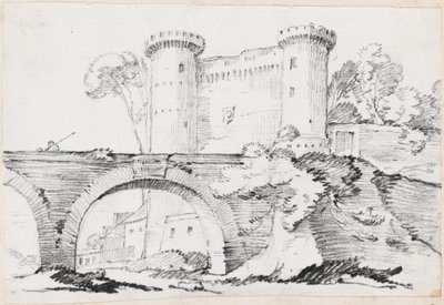 En steinbro og den befestede inngangen til en by av Joseph Marie Vien