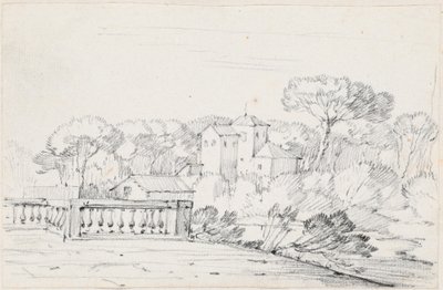Terrasse ved en elv med en villa og trær bortenfor av Joseph Marie Vien