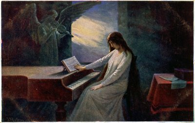 Musikk. Den siste akkorden. Døende dame ved pianoet. Illustrasjon av Josef Mathauser, Tsjekkia, ca. 1910 (postkort) av Joseph Mathauser