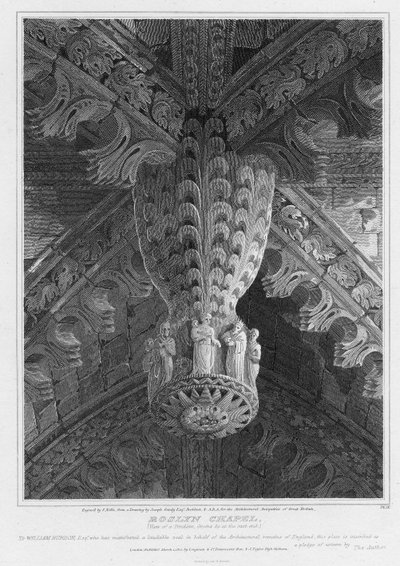 Roslyn Chapel, utsikt over et anheng og lysker i østenden, gravert av S. Noble, 1810 av Joseph Michael Gandy