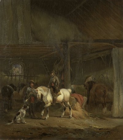 Hestestall, ca. 1830–1840 (olje på panel) av Joseph Moerenhout