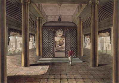 En soldat som står i et Rangoon-tempel, gravert av George Hunt, 1825 (farget akvatint) av Joseph Moore
