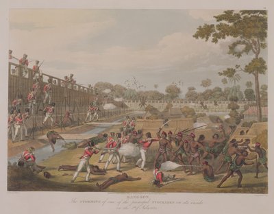Rangoon: The Storming of one of the Main Stockades 8. juli 1824, plate 15 fra 