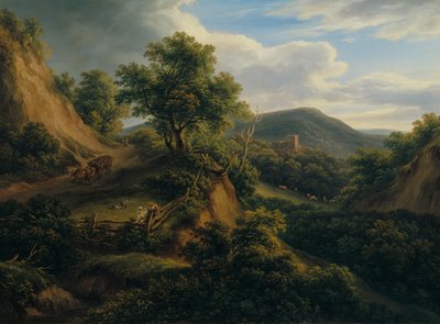 Skogkledd fjellandskap med ruiner av Joseph Mössmer