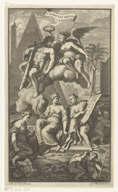 Hercules kronet av Victoria CD. Bruyns Reysen (tittel på objekt) Tittelside for: Cornelis de Bruyn, Reizen, 1698 av Joseph Mulder