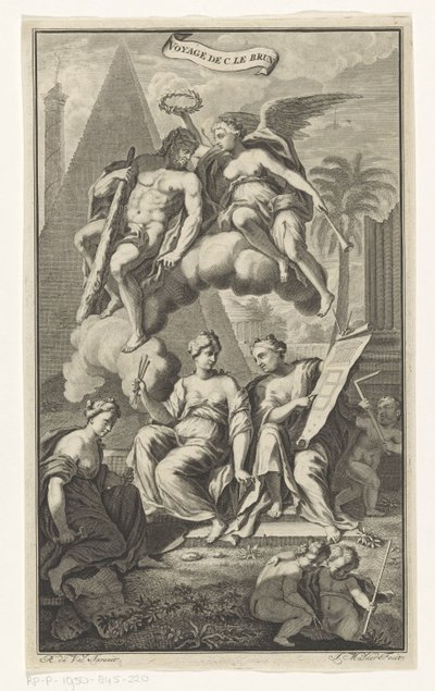 Hercules kronet av Victoria Voyage de C. le brun (tittel på objekt) Tittelside for: Cornelis de Bruyn, Voyage au Levant, 1700 av Joseph Mulder