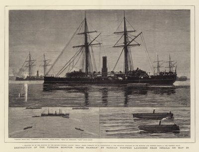 Ødeleggelse av den tyrkiske monitoren Hifse Rahman av russisk torpedo lanseres nær Ibraila 26. mai av Joseph Nash