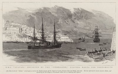 HMS Sultan, eskortert av Temeraire, forlater Malta til Portsmouth av Joseph Nash