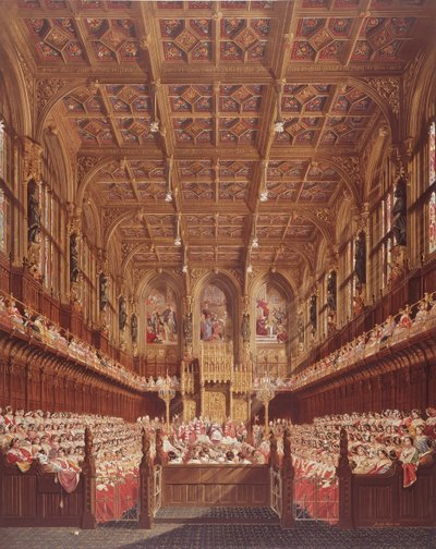 Dronning Victoria i House of Lords (fargegravering) av Joseph Nash