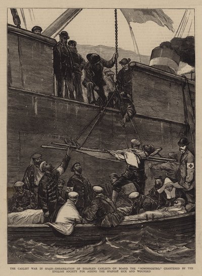 Carlist-krigen i Spania, ombordstigning av funksjonshemmede karlister om bord på Somorrostro, chartret av det engelske foreningen for å hjelpe spanske syke og sårede av Joseph Nash