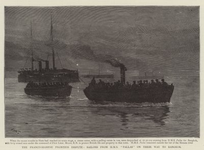 Den fransk-siamesiske grensetvisten, sjømenn fra HMS Pallas på vei til Bangkok av Joseph Nash