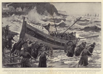 Heltinnene fra Runswick Bay, kvinner som lanserer livbåten for å redde ektemennene sine av Joseph Nash