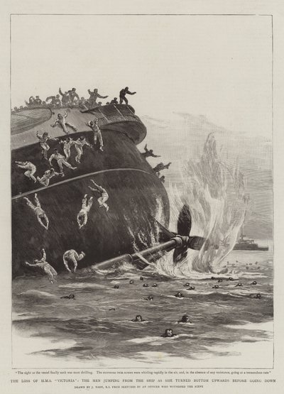 Tapet av HMS Victoria, mennene hoppet fra skipet da hun snudde bunnen oppover før hun gikk ned av Joseph Nash