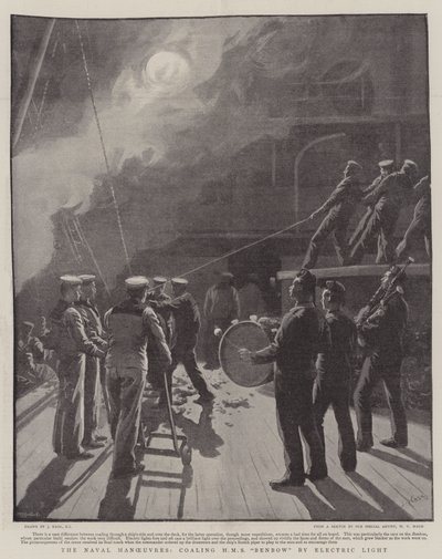 The Naval Manoevres, coaling HMS Benbow by Electric Light av Joseph Nash