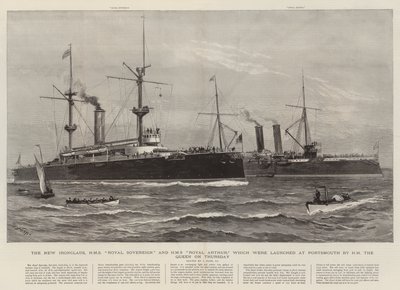 The New Ironclads, HMS Royal Sovereign og HMS Royal Arthur som ble lansert i Portsmouth av HM dronningen torsdag av Joseph Nash