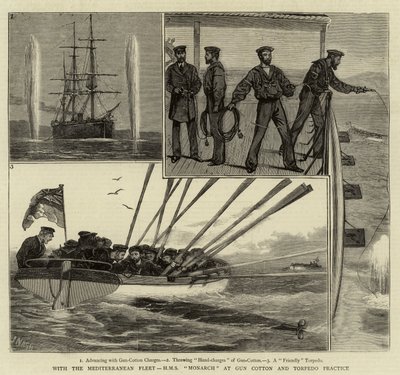 Med Middelhavsflåten, HMS Monarch ved Gun Cotton og Torpedo Practice av Joseph Nash