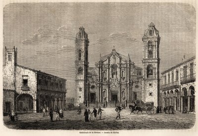 Cathedrale of Havana, Cuba, tegning av Navlet for å illustrere reisen til øya Cuba, i 1859, av Richard Dana (1815-1882). Gravering i "" Le tour du monde, nouveau journal des voyages"" Paris av Joseph Navlet