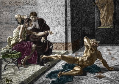 Representasjon av den romerske giften Locust prøver ved siden av keiser Nero (37-68) en gift beregnet på broren Britannicus (41-55) på en av slavene hans, 55 Gravering etter et maleri av Joseph-Noel Sylvestre (1847-1926) ) 1876 (romersk forgiftning Locus av Joseph Noel (after) Sylvestre