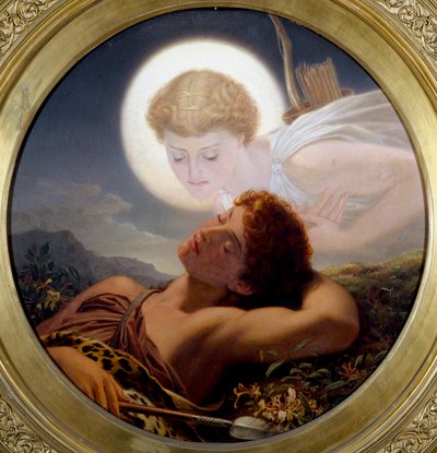 «Latmos#39; drøm» En fremkalling av myten om Endymion, en stor skjønnhets jeger som evig sov, og som Zevs hadde avlivet for Selene, som, grepet av kjærlighet til ham, ønsket å bevare ungdommen hennes. Maleri Joseph Noel Paton (1821–1901) (prerafaelitt) av Joseph Noel Paton