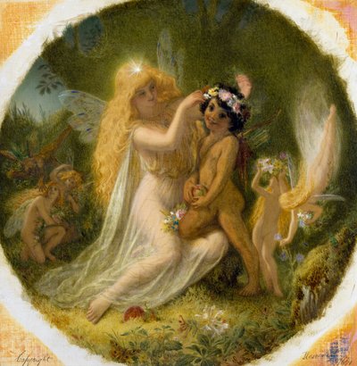 «Titania, feenes prinsesse og den unge indianeren hun laget sin side» Illustrasjon til «En midtsommernattsdrøm» av William Shakespeare. Maleri av Joseph Noel Paton (1821–1901) Privat samling av Joseph Noel Paton