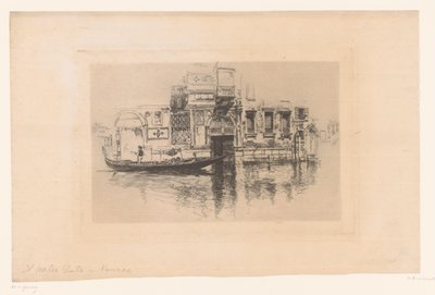 Gondol på en kanal En vannport i Venezia (tittel på objekt) av Joseph Pennell (signed by artist)
