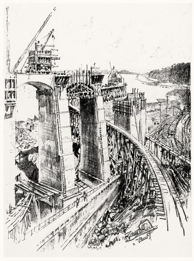 Approaches to the Gatun Lock, plate VI fra Panamakanalen av Joseph Pennell, 1912 (kull på papir) av Joseph Pennell