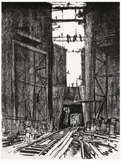 På bunnen av Gatun-slusen, plate IV fra Panamakanalen av Joseph Pennell, 1912 (kull på papir) av Joseph Pennell