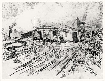 Building Miraflores Lock, plate XXI fra Panamakanalen av Joseph Pennell, 1912 (kull på papir) av Joseph Pennell