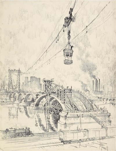Building the Bridge, Minneapolis, 1915 av Joseph Pennell