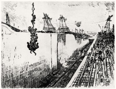 Middagstid på Gatun, tallerken III fra Panamakanalen av Joseph Pennell, 1912 (kull på papir) av Joseph Pennell