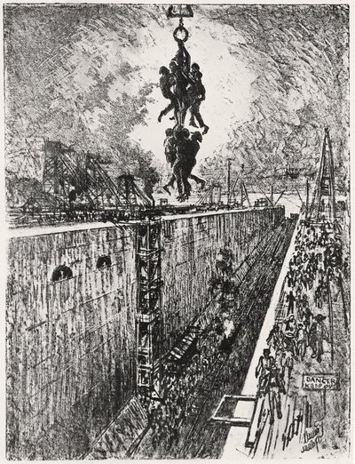 Slutt på dagen: Gatun Lock, plate VII fra 'The Panama Canal' av Joseph Pennell av Joseph Pennell