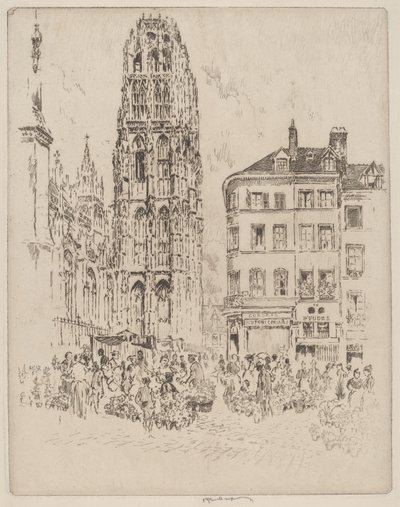 Blomstermarkedet og smørtårnet, Rouen av Joseph Pennell