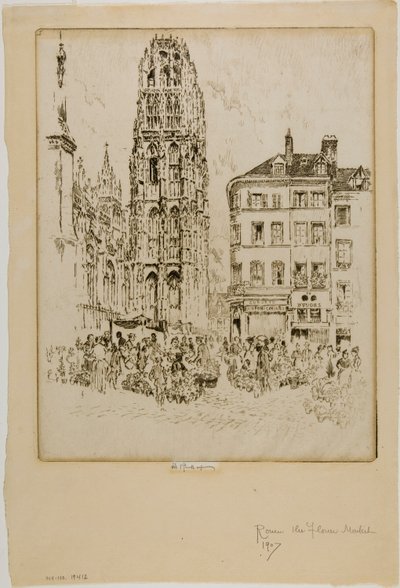 Blomstermarkedet og smørtårnet, Rouen av Joseph Pennell