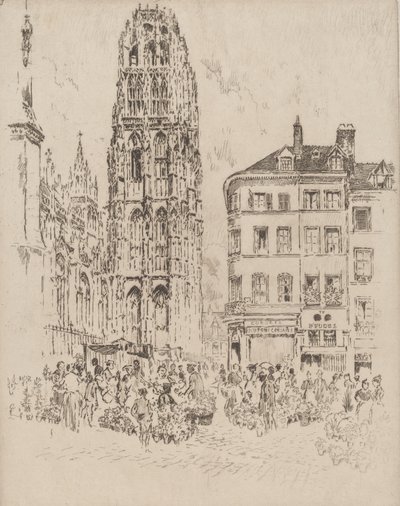 Blomstermarked og smørtårn, Rouen, 1907. av Joseph Pennell