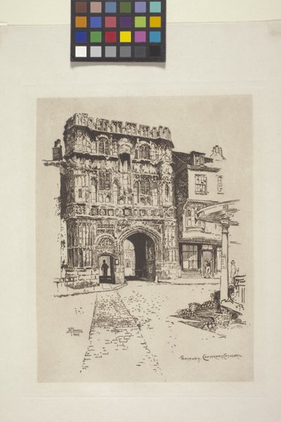 Gateway, Canterbury Cathedral (radering på indisk papir, chine collé) av Joseph Pennell
