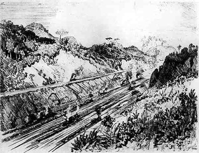 In the Cut at Las Cascades, plate XII fra Panamakanalen av Joseph Pennell, 1912 (kull på papir) av Joseph Pennell