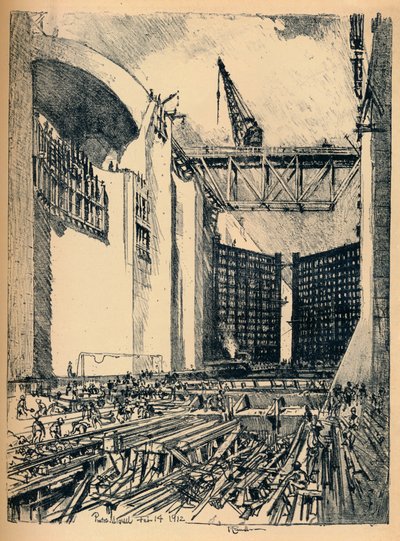 Legger gulvet til Pedro Miguel Lock, 1912 av Joseph Pennell