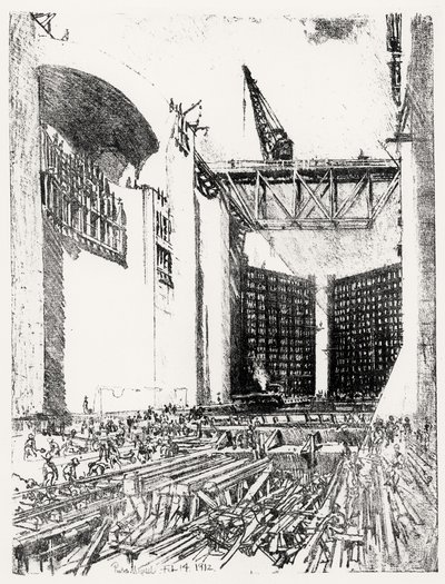Laying the Floor: Pedro Miguel Lock, plate XVIII fra Panamakanalen av Joseph Pennell, 14. februar 1912 (kull) av Joseph Pennell