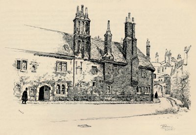 Old Charterhouse: Utvendig fasade av Washhouse Court, med den indre porten, 1886 av Joseph Pennell