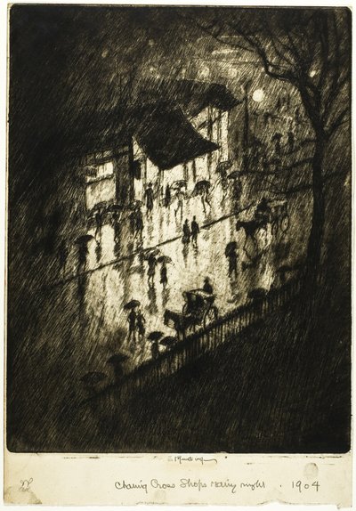 Regnfull natt, Charing Cross-butikker av Joseph Pennell