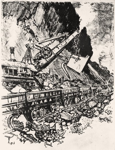 Steam Shovel Work: Culebra Cut, plate XIV fra Panamakanalen av Joseph Pennell, 1912 (kull på papir) av Joseph Pennell