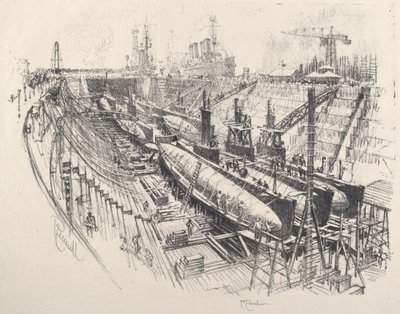 Ubåter i Dry Dock av Joseph Pennell