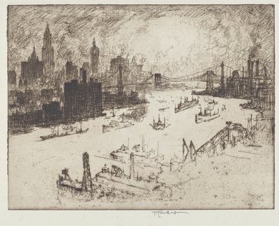 Solnedgang, fra Williamsburg Bridge av Joseph Pennell