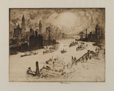 Solnedgang fra Williamsburg Bridge, 1915 av Joseph Pennell