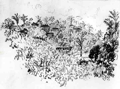 The American Village, plate X fra Panamakanalen av Joseph Pennell, 1912 (kull på papir) av Joseph Pennell