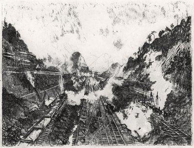 The Cut Looking into Ancon Hill, plate XVII fra Panamakanalen av Joseph Pennell, 1912 (kull på papir) av Joseph Pennell