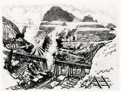 The Cut at Paraiso, plate XVI fra Panamakanalen av Joseph Pennell, 1912 (kull på papir) av Joseph Pennell